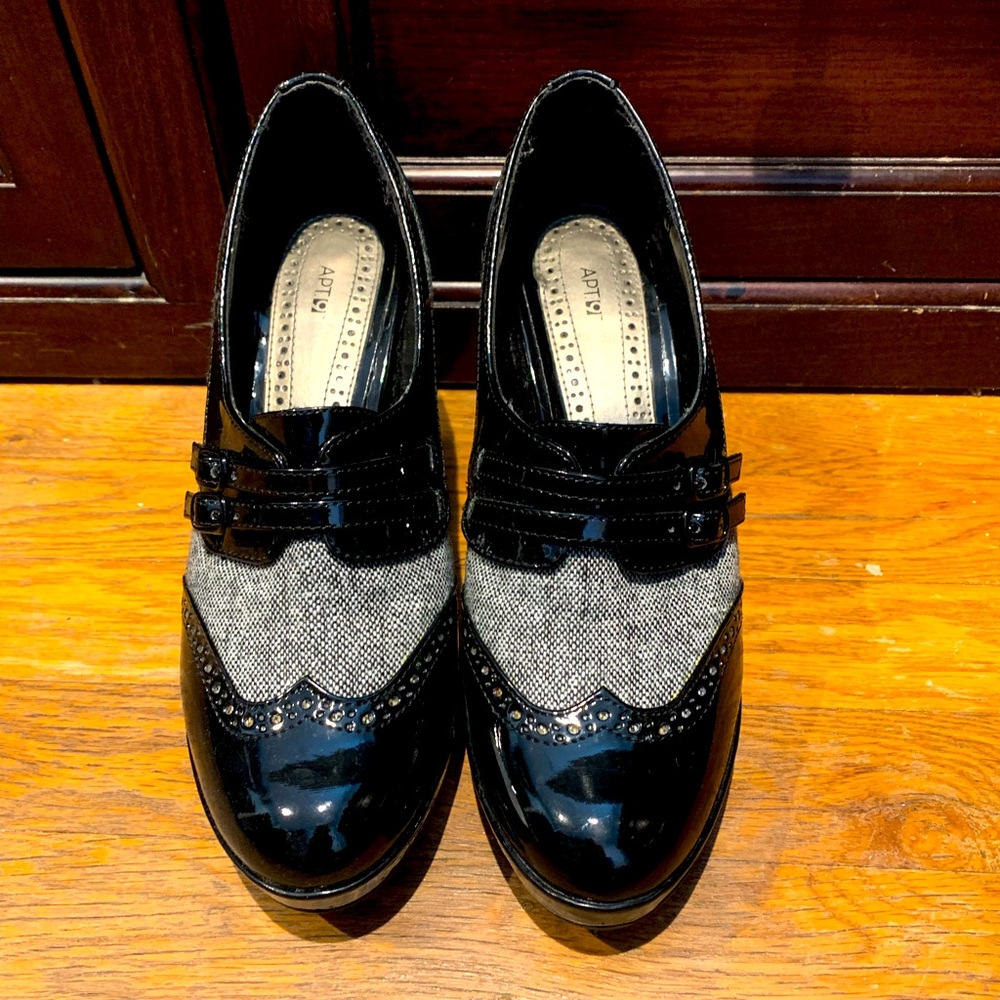 Apt. 9 patent leather and tweed heels